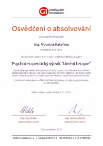 Osvědčení - Katka Novotná - Psychoterapeutický výcvik "Umění terapie"
