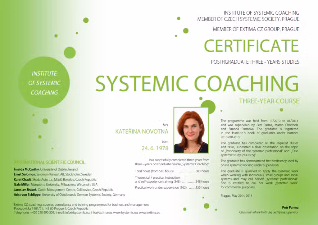 Kateřina Novotná - certifikát - Systematic coaching